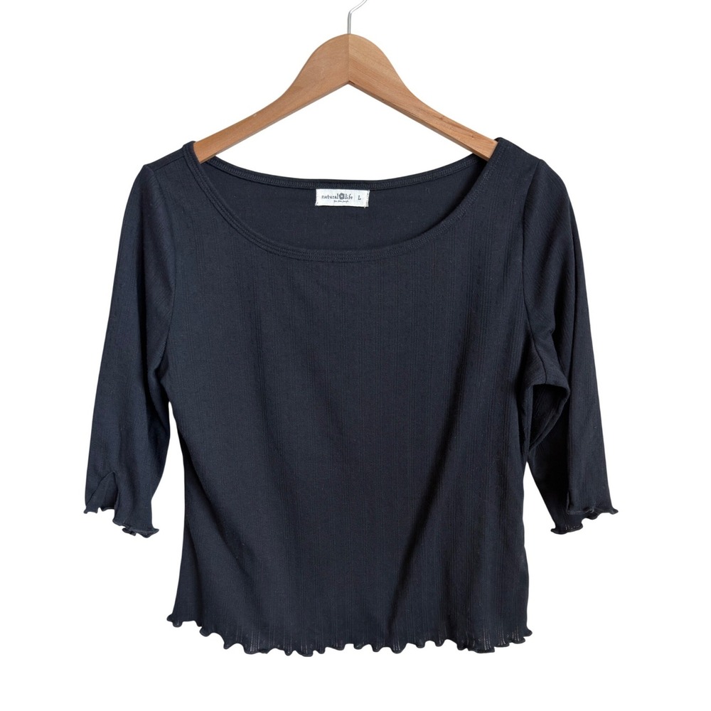 Natural Life Leah Pointelle Top Black Ribbed Scoop Neck Lettuce Hem 3/4 Sleeve L